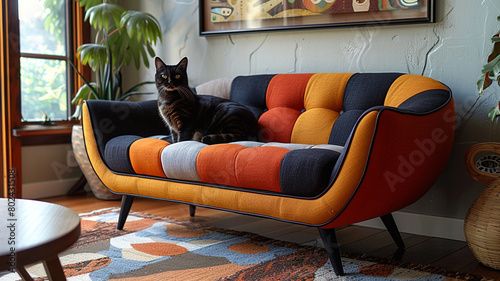A mid-century modern sofa chair with tapered legs and geometric patterns, adding retro charm to a living space. photo