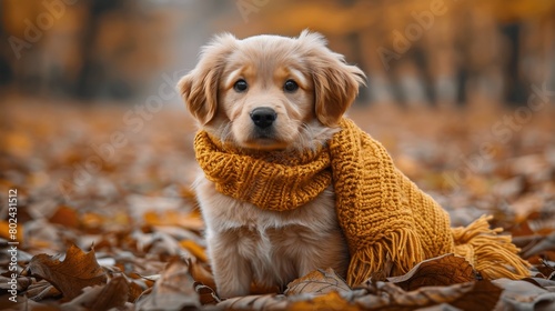 A brown dog is sitting on a pile of leaves