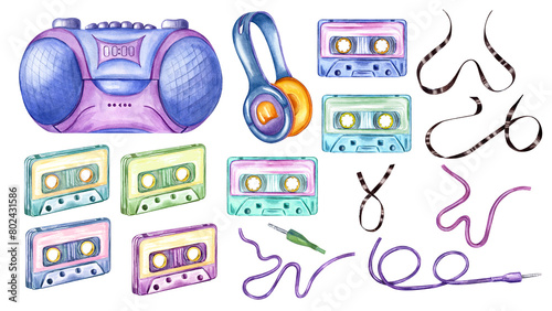 Set of Music accessories. Boombox player, audio cassettes, wires and headphones. Tape recorder, Earpieces for listening to music. Retro 90s, 2000s style. Watercolor illustration for nostalgia design