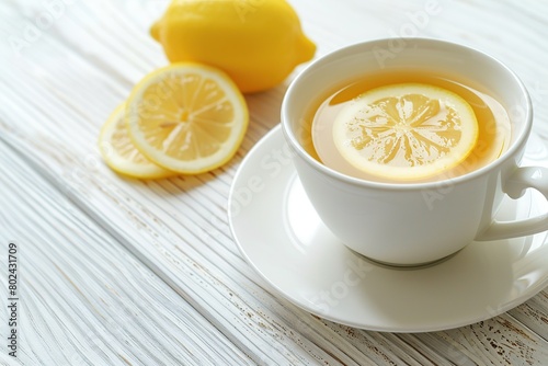 White cup of aromatic tea with lemon sliced on white wooden background