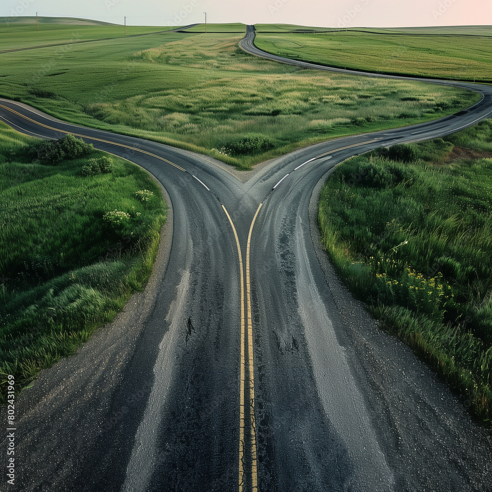 Forked rural road amidst green fields at dusk.