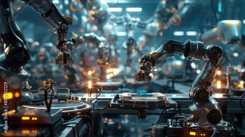 A futuristic industrial scene showcasing robotic arms and 3D printers working in harmony to manufacture advanced components. photo