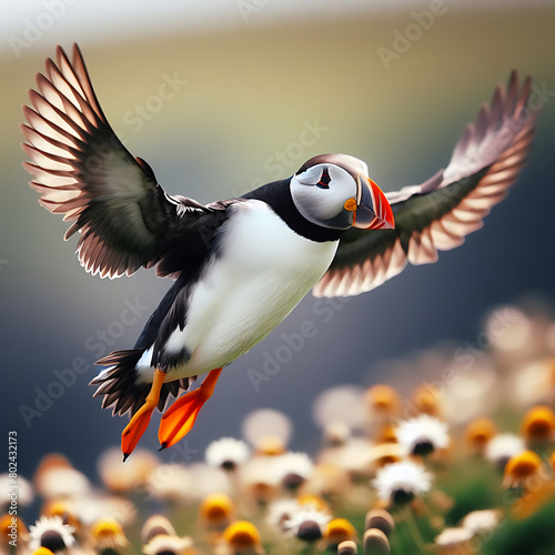Close up of an Atlantic puffin in flight. Puffin. Flying Puffin. Fratercula. Atlantic puffin. Alcidae. Fratercula arctica. Fraterculini. Horned puffin. Tufted puffin.  photo