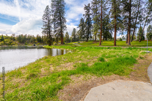 The public park at the entrance and boat launch at the 423 acre Fernan Lake, a natural lake in the downtown residential area of Coeur d'Alene, Idaho, in the North Idaho Panhandle region.