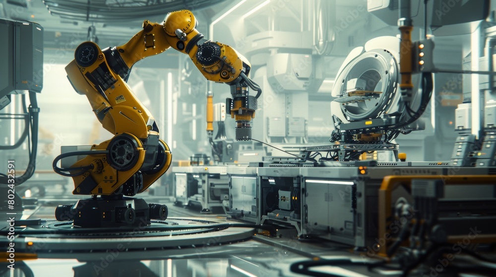 A futuristic industrial scene showcasing robotic arms and 3D printers working in harmony to manufacture advanced components. A futuristic industrial scene showcasing robotic arms and 3D printers working in harmony to manufacture advanced components.
