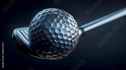 Dramatic view of golf ball and club with a spotlight effect. Close-up of golf equipment with focused light, dark background. Elegant golf ball and club under spotlight, emphasizing detail and texture © Alina