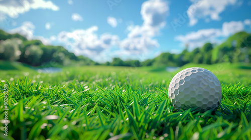 Golf ball in grass with mountainous backdrop under sunny skies. Scenic golf course view with ball on the green under clouds. Bright day on the golf course with ball foregrounded by lush grass © Alina
