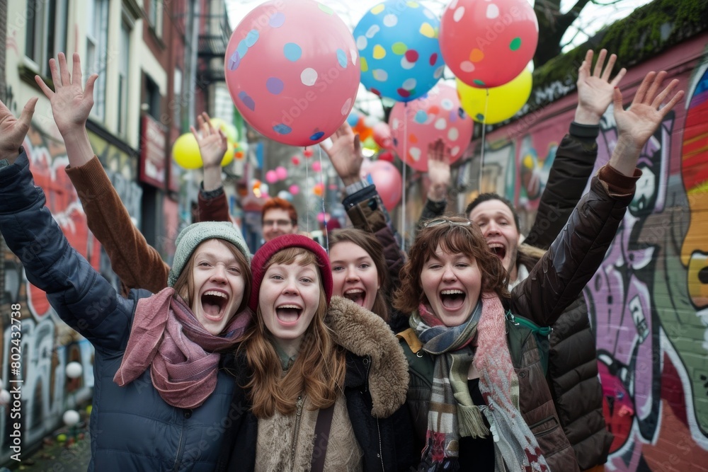 Group of happy young people having fun in the city with colorful balloons
