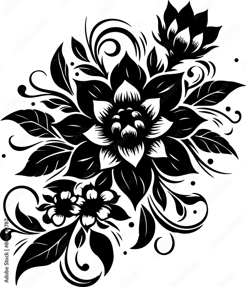 	
Black isolated flower silhouette with flourishes. Vector black flower in vintage style on white background. Floral tattoo vector design. Floral flourish design. Feminine tattoo template