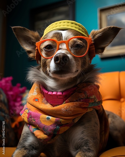 Whimsical stock image of a dog wearing sunglasses and a funny hat, sitting in a brightly colored room, evoking laughter and a sense of lightness © Nat