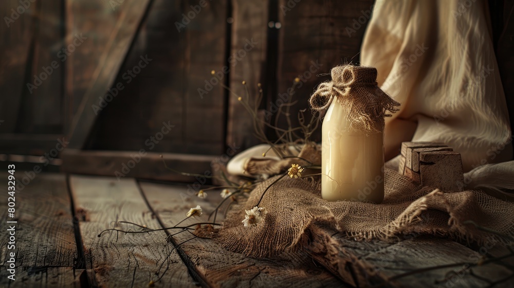 a bottle of milk adorned with burlap and jute, resting on a rustic wooden table against a backdrop of soft beige fabric. a bottle of milk adorned with burlap and jute, resting on a rustic wooden table against a backdrop of soft beige fabric.