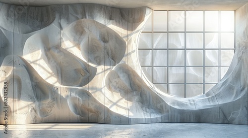 An airy room with a curvy abstract wall design lit by the soft light through a grid window, casting dynamic shadows