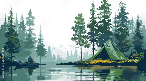 Misty Lake Camping Scene, Foggy Morning with Tent and Canoe in Forest Setting