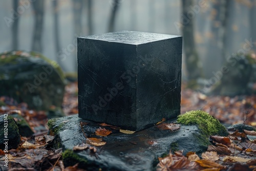 A solid black cube contrasts against a backdrop of autumn leaves and fog in a tranquil forest