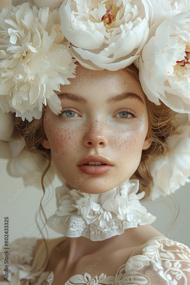 realistic Illustration of a beautiful woman with large peonies on her head. fashion beauty portrait, vertical realistic Illustration of a beautiful woman with large peonies on her head. fashion beauty portrait, vertical