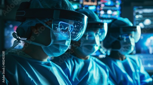 A medical team utilizing AR glasses to collaborate on a complex surgery, accessing real-time guidance and data. photo