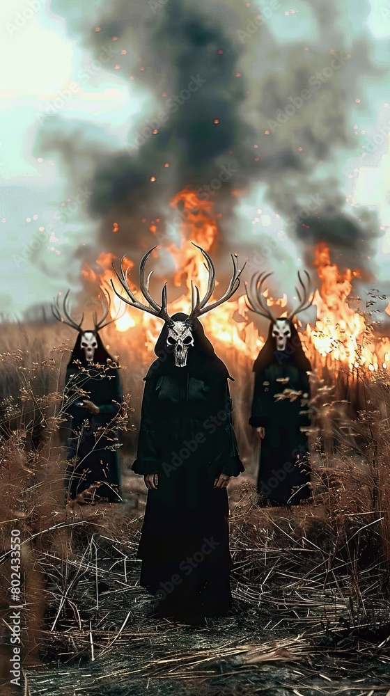 Three dark figures in the middle of a fiery field.