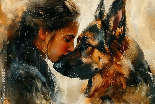 The photo shows a woman and her German Shepherd dog. The dog is licking the woman's face. The woman is smiling. They are both happy.