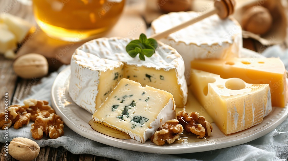An assortment of delicious cheeses with nuts and honey on a plate An assortment of delicious cheeses with nuts and honey on a plate