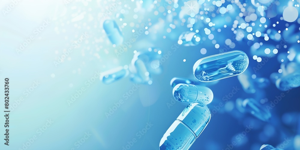 group of pills floating in the air with bubbles around them on a blue background with a blurry light