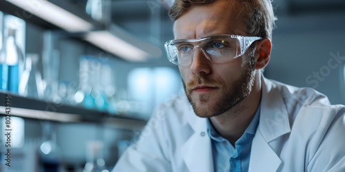 a man wearing a lab coat and glasses in a laboratory setting with a lot of glassware on the shelves