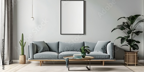 living room with a couch and a table with a plant in it and a mock-up picture frame on the wall photo