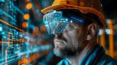 A project manager wearing augmented reality glasses, coordinating with teams and suppliers to streamline construction processes. photo