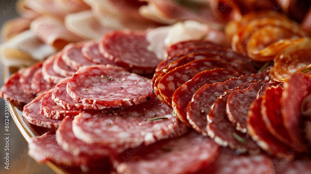 An assortment of delicious salami slices nicely arranged on a plate An assortment of delicious salami slices nicely arranged on a plate