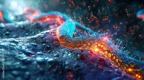 3D rendering image illustrating the synthesis and secretion of bile by the liver, essential for emulsifying fats and aiding in digestion and nutrient absorption photo