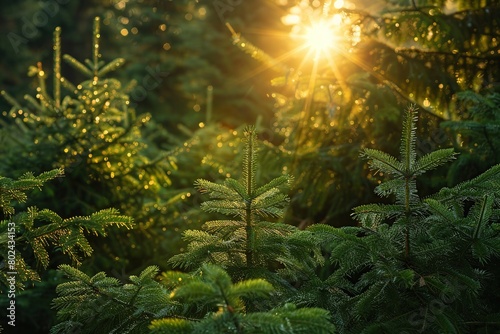 Sunrise and sunrays over the green forest