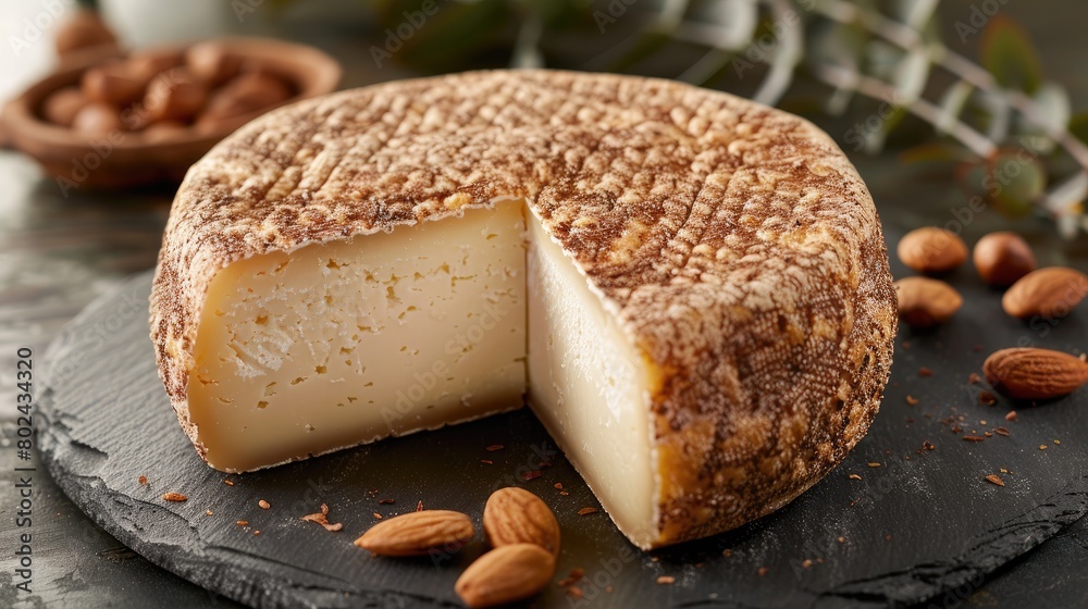 a slice of cheddar cheese placed on a slate plate, surrounded by white chocolate and raw almonds, against a moody dark grey backdrop with eucalyptus leaves adding a touch of freshness. a slice of cheddar cheese placed on a slate plate, surrounded by white chocolate and raw almonds, against a moody dark grey backdrop with eucalyptus leaves adding a touch of freshness.
