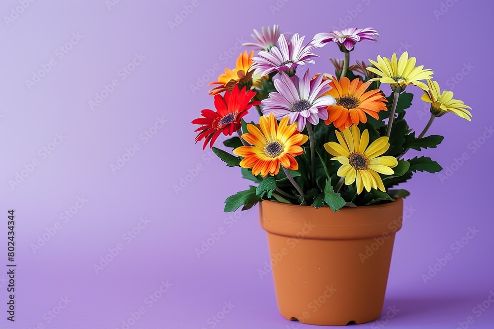 Fresh daisy flowers in pot on purple background Fresh daisy flowers in pot on purple background