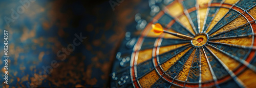 A close-up image of a dart hitting the bullseye on a weathered and colorful d...