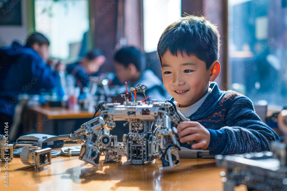 Kid with Asian heritage constructs lively robot from colorful bricks in dynamic Robotechnic class, fostering creativity and learning. Perfect for educational materials and technology-themed designs.