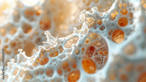 3D rendering image showcasing the process of bone metabolism, including bone resorption by osteoclasts and bone formation by osteoblasts