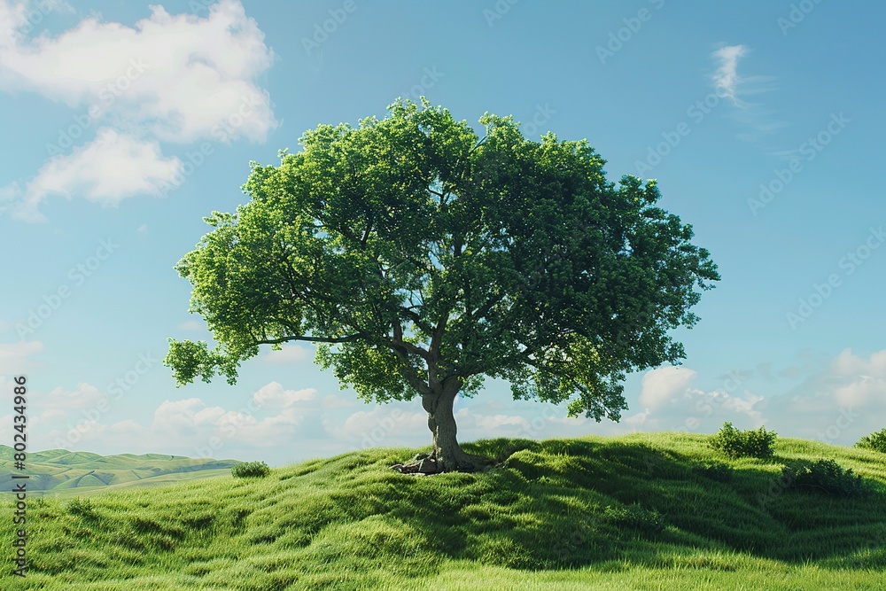 Obraz premium Green tree on green field on blue sky background
