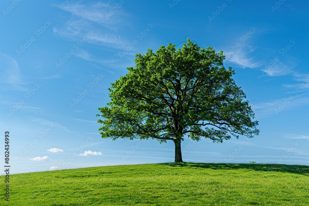 Fototapeta premium Green tree on green field on blue sky background