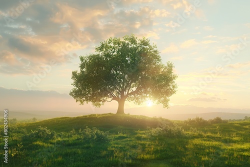 Green tree on green field on sunset sky background