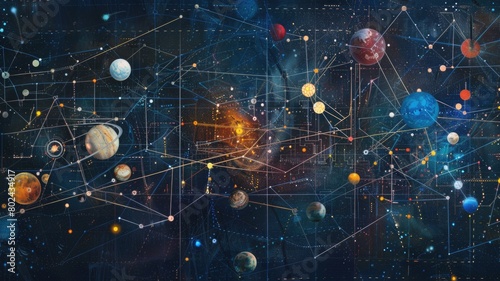 Dynamic illustration of significant astrological combinations, such as grand trines or T-squares, using lines and geometric shapes to show the planets' conjunctions on specific dates, photo