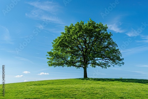 Green tree on green field on blue sky background