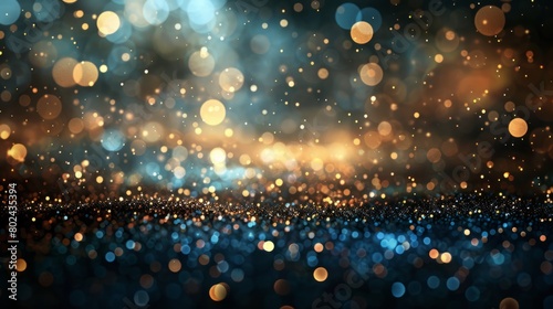 Abstract glitter lights background in blue, gold and black colors. Blurred bokeh effect. Elegant and festive design for banner, poster, invitation, card or wallpaper. hyper realistic  photo