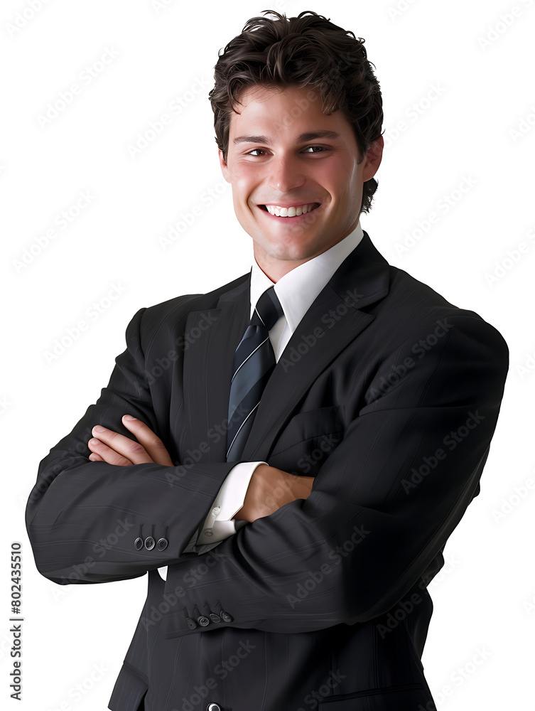 Young businessman in dark suit, arms crossed, smiling. Young businessman in dark suit, arms crossed, smiling.