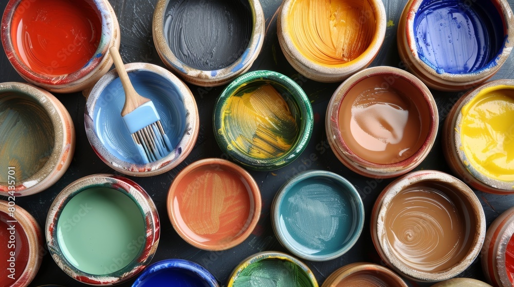 A variety of colorful ceramic paints and brushes perfect for disguising any unsightly patches on a repaired piece.. A variety of colorful ceramic paints and brushes perfect for disguising any unsightly patches on a repaired piece..