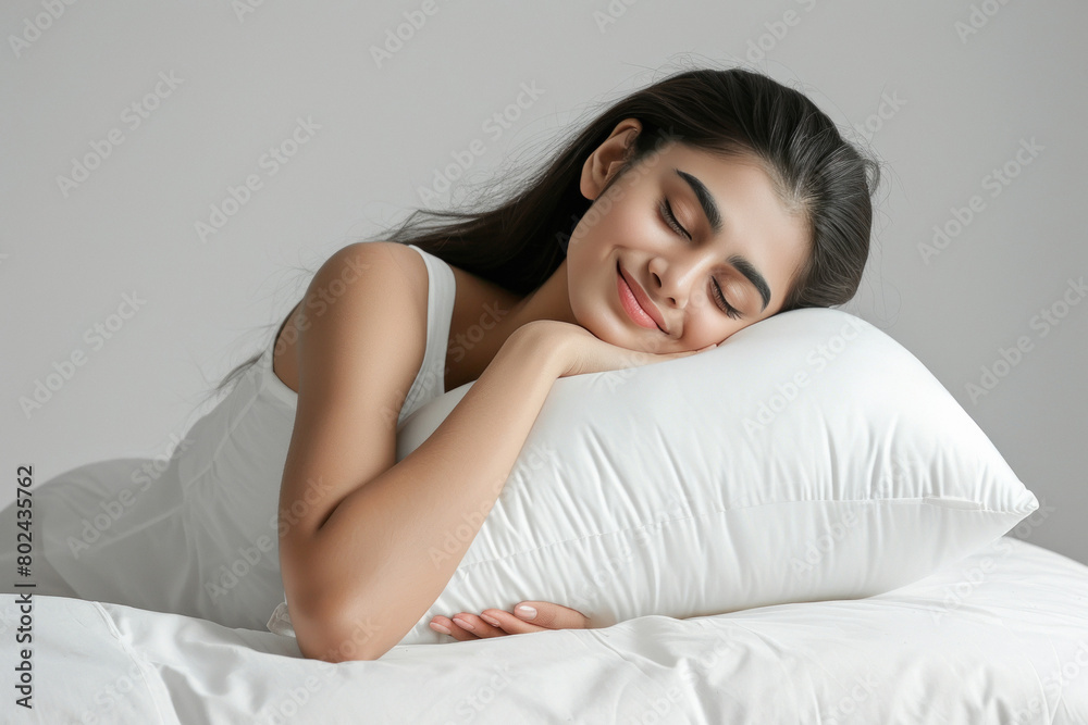 beautiful woman sleeping with comfortable white pillow