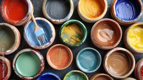 A variety of colorful ceramic paints and brushes perfect for disguising any unsightly patches on a repaired piece.. photo