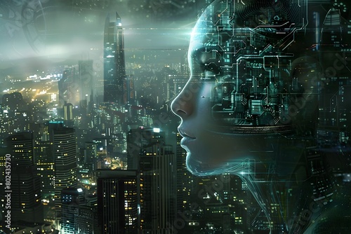 Enigmatic Entity Gazes upon Futuristic Cityscape Bridging the Human and the Digital