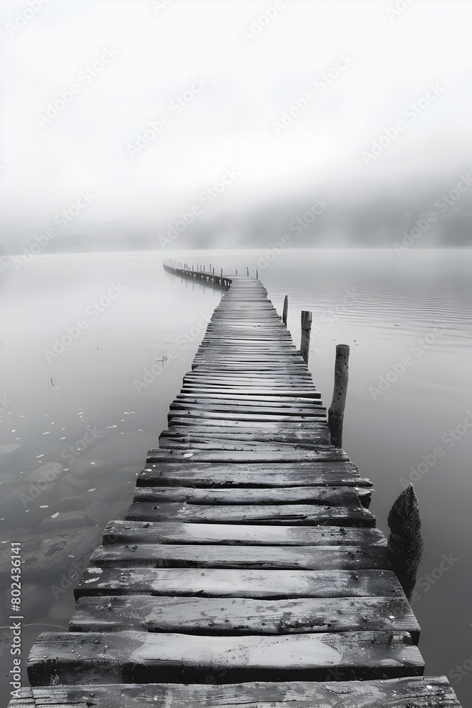 Naklejka premium Serene Jetty Stretching into Mysterious Fog Shrouded Lake