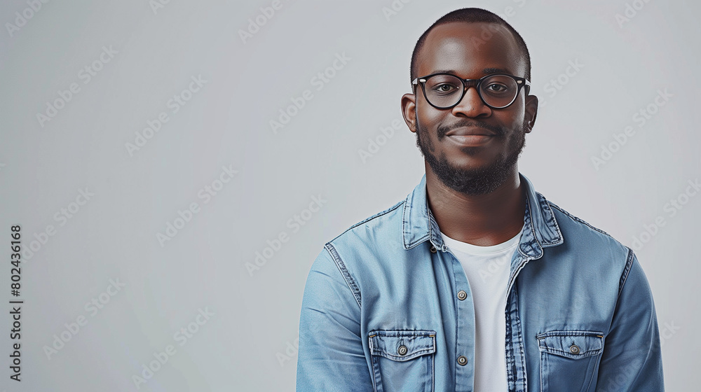 A cheerful African American man, dressed casually in a denim shirt and glasses, stands smiling against a white background with ample copy space, perfect for text messages or advertising banners.