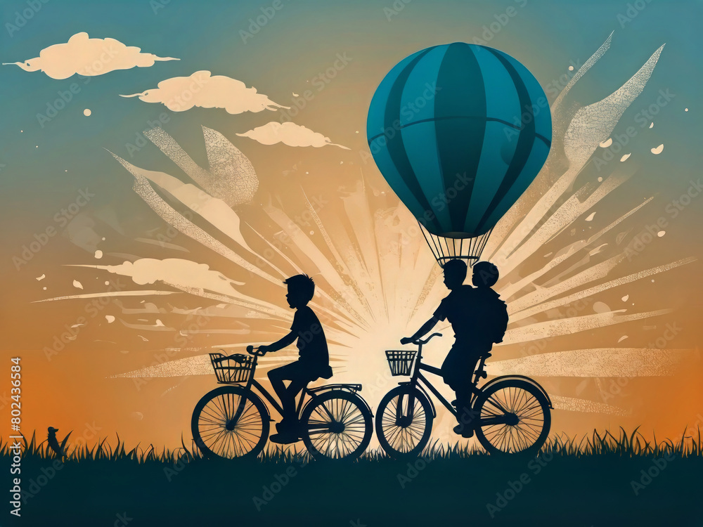 custom made wallpaper toronto digitalA handsome man and his children are bicycling in an air balloon. Happy Father's Day card. Paper cut style. Vector illustration