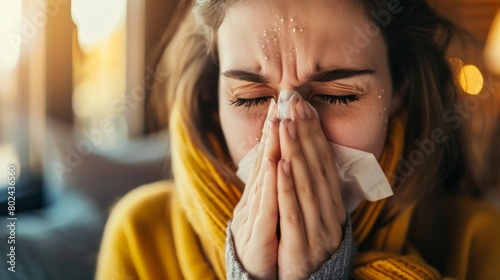 Woman with a runny nose uses a tissue to cover her nose while sneezing photo